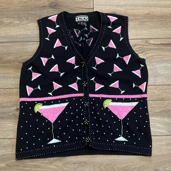 Berek Cosmo Cocktail Sweater Vest SZ Small Button Up Black Pink Martini y2k Vtg - Picture 1 of 10